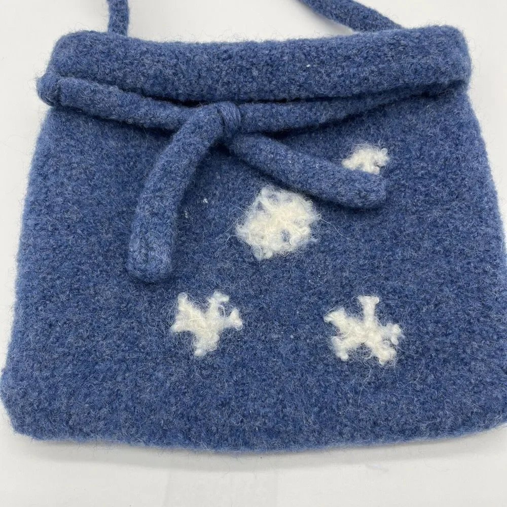 VTG Handmade Felted Wool Blue With‎ White Snowflakes Boho Bag Purse